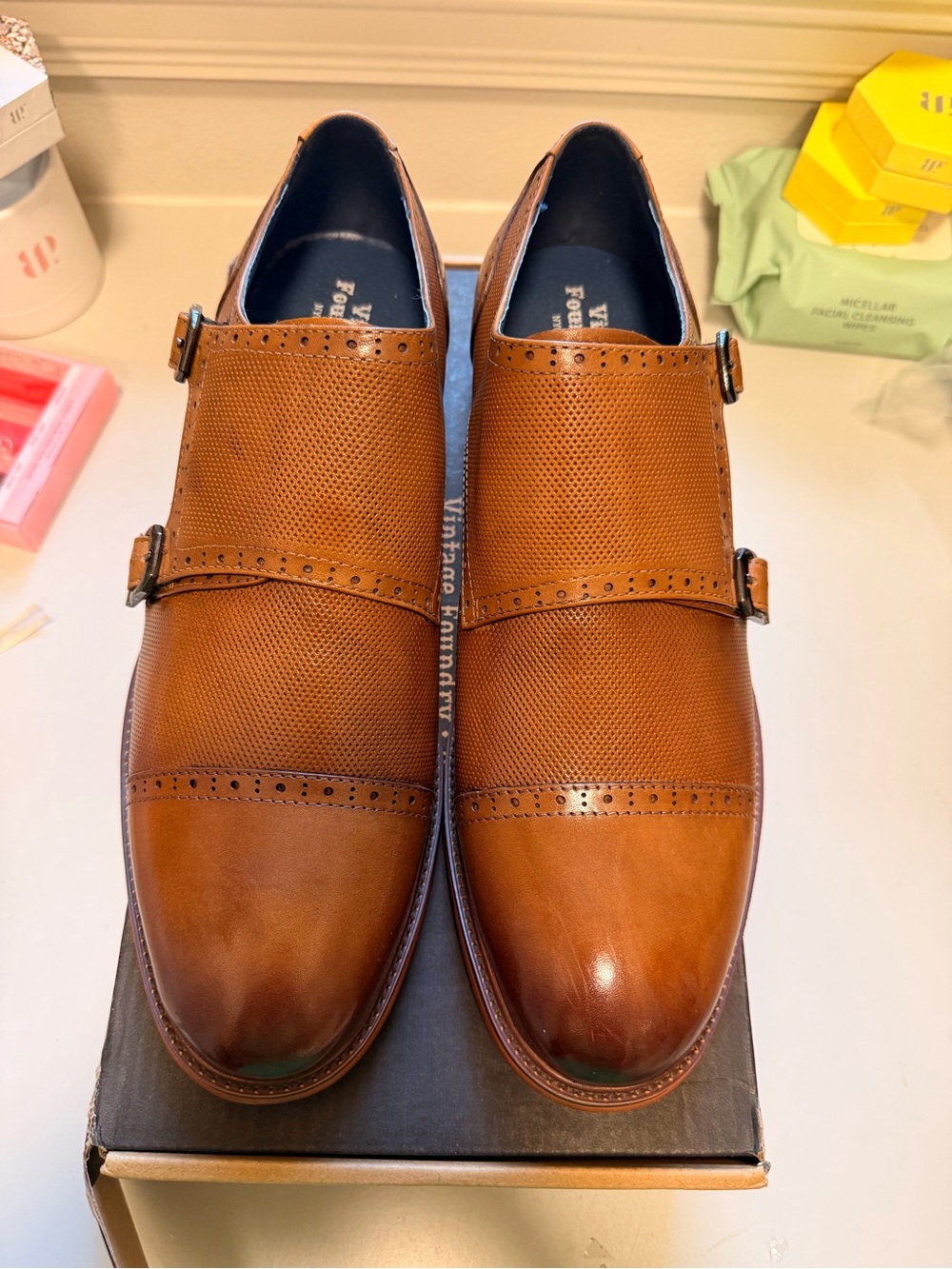 Men's Tan Double Monk Strap Oxfords with Perforated Leather